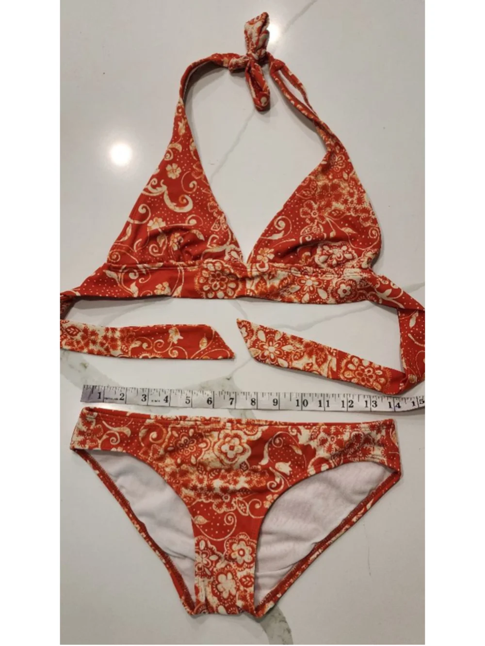 Pool Party Orange Floral Halter Bikini Set Womens XS Triangle Top Cheeky Bottoms - Picture 12 of 12